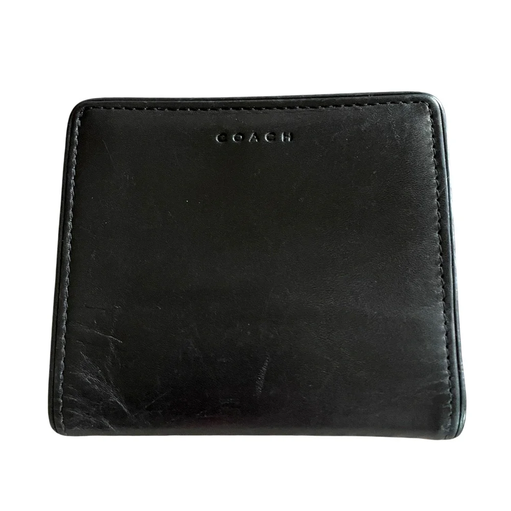 COACH Small Soft Black Leather Bi Fold Silver Coin Purse Wallet Cards Bills VTG - Picture 2 of 9
